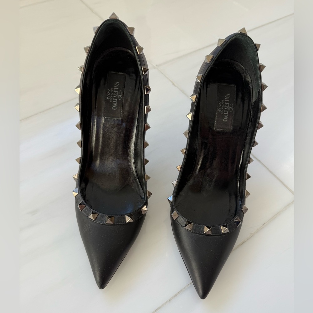 Valentino Black Leather Heels with Gold Studs